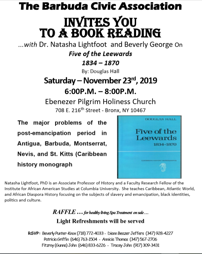 The Barbuda Civic Association Invites You To A Book Reading With Dr. Natasha Lightfoot and Beverly George on "Five Of The Leewards 1834-1870" by Douglas Hall
